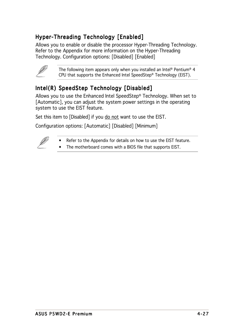 Hyper-threading technology [enabled, Intel(r) speedstep technology [disabled | Asus P5WD2-E Premium User Manual | Page 101 / 174