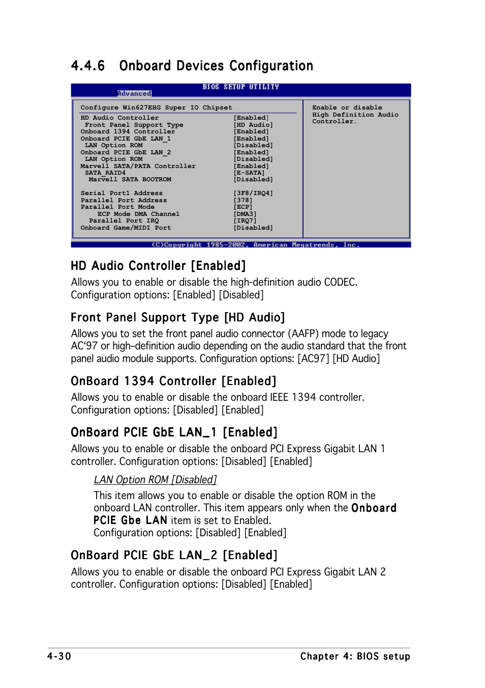 Hd audio controller [enabled, Front panel support type, Onboard 1394 controller [enabled | Onboard pcie gbe lan_1 [enabled, Onboard pcie gbe lan_2 [enabled | Asus P5WD2-E Premium User Manual | Page 104 / 174