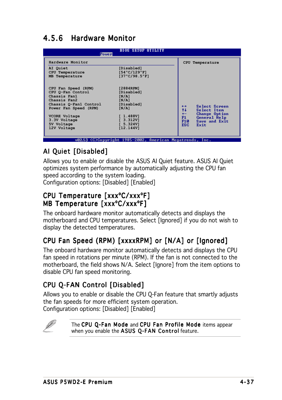 Ai quiet [disabled, Cpu temperature [xxxºc/xxxºf, Cpu q-fan control [disabled | Asus P5WD2-E Premium User Manual | Page 111 / 174