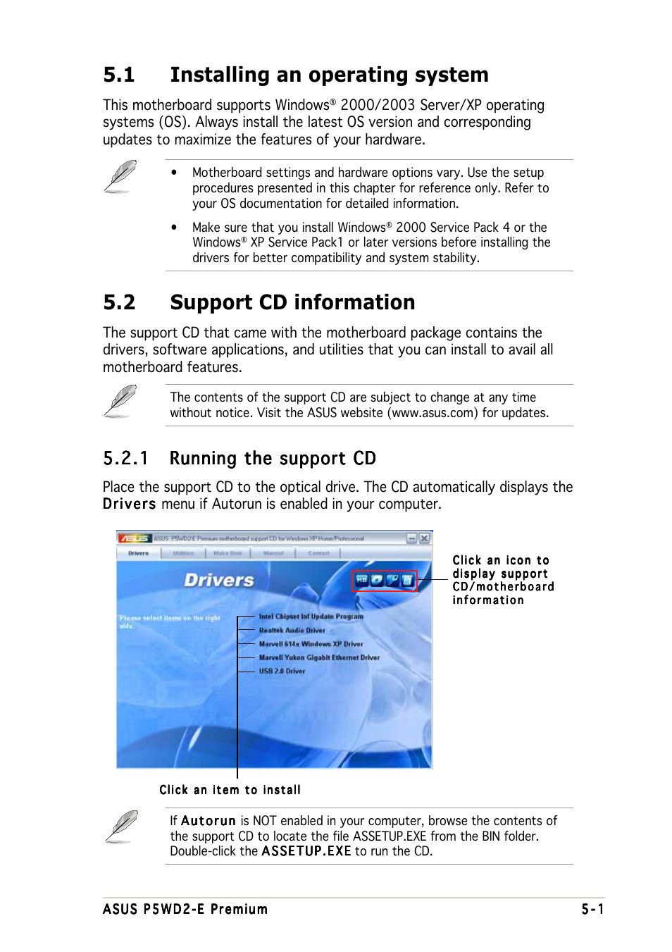 1 installing an operating system, 2 support cd information | Asus P5WD2-E Premium User Manual | Page 123 / 174