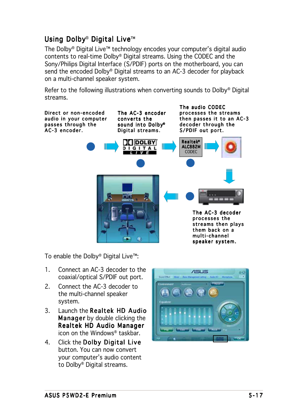 Using dolby, Digital live, Digital live digital live | The dolby, Digital streams | Asus P5WD2-E Premium User Manual | Page 139 / 174