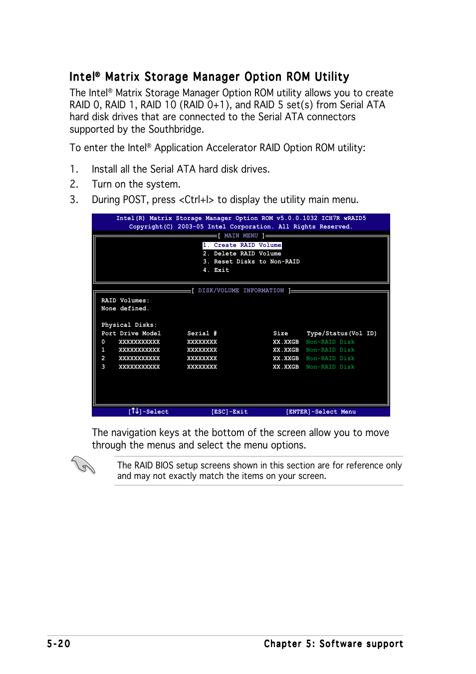 Intel, Matrix storage manager option rom utility, The intel | Asus P5WD2-E Premium User Manual | Page 142 / 174