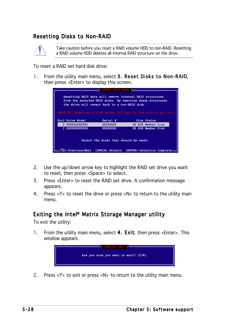 Exiting the intel, Matrix storage manager utility, Resetting disks to non-raid | Asus P5WD2-E Premium User Manual | Page 150 / 174