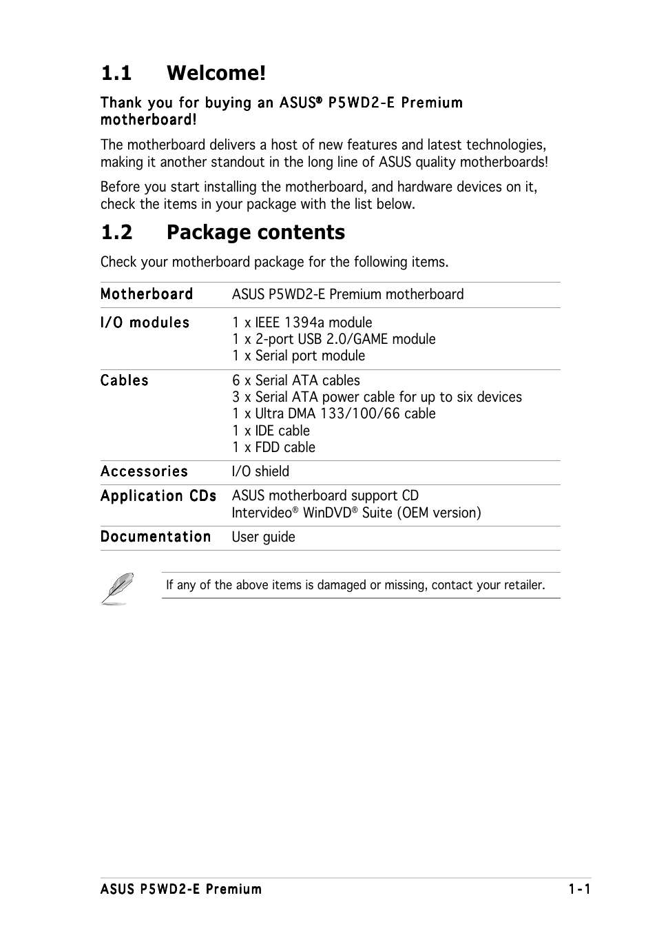 1 welcome, 2 package contents | Asus P5WD2-E Premium User Manual | Page 17 / 174