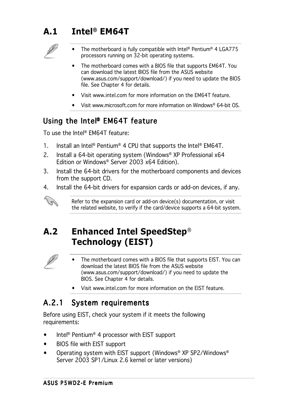 A.1 intel, Em64t, A.2 enhanced intel speedstep | Technology (eist), Using the intel, Em64t feature, A.2.1 | Asus P5WD2-E Premium User Manual | Page 171 / 174
