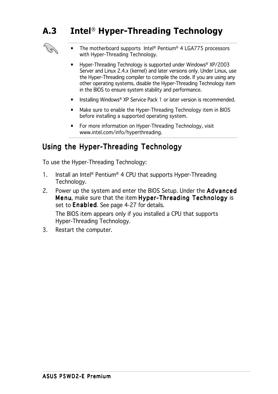 A.3 intel, Hyper-threading technology, Using the hyper-threading technology | Asus P5WD2-E Premium User Manual | Page 173 / 174