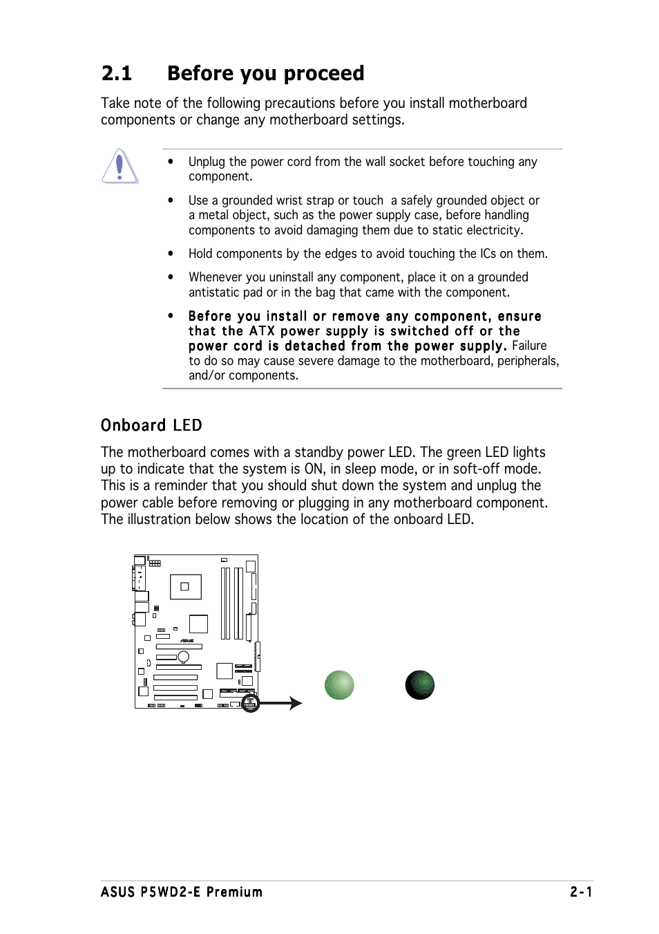 1 before you proceed, Onboard led | Asus P5WD2-E Premium User Manual | Page 29 / 174