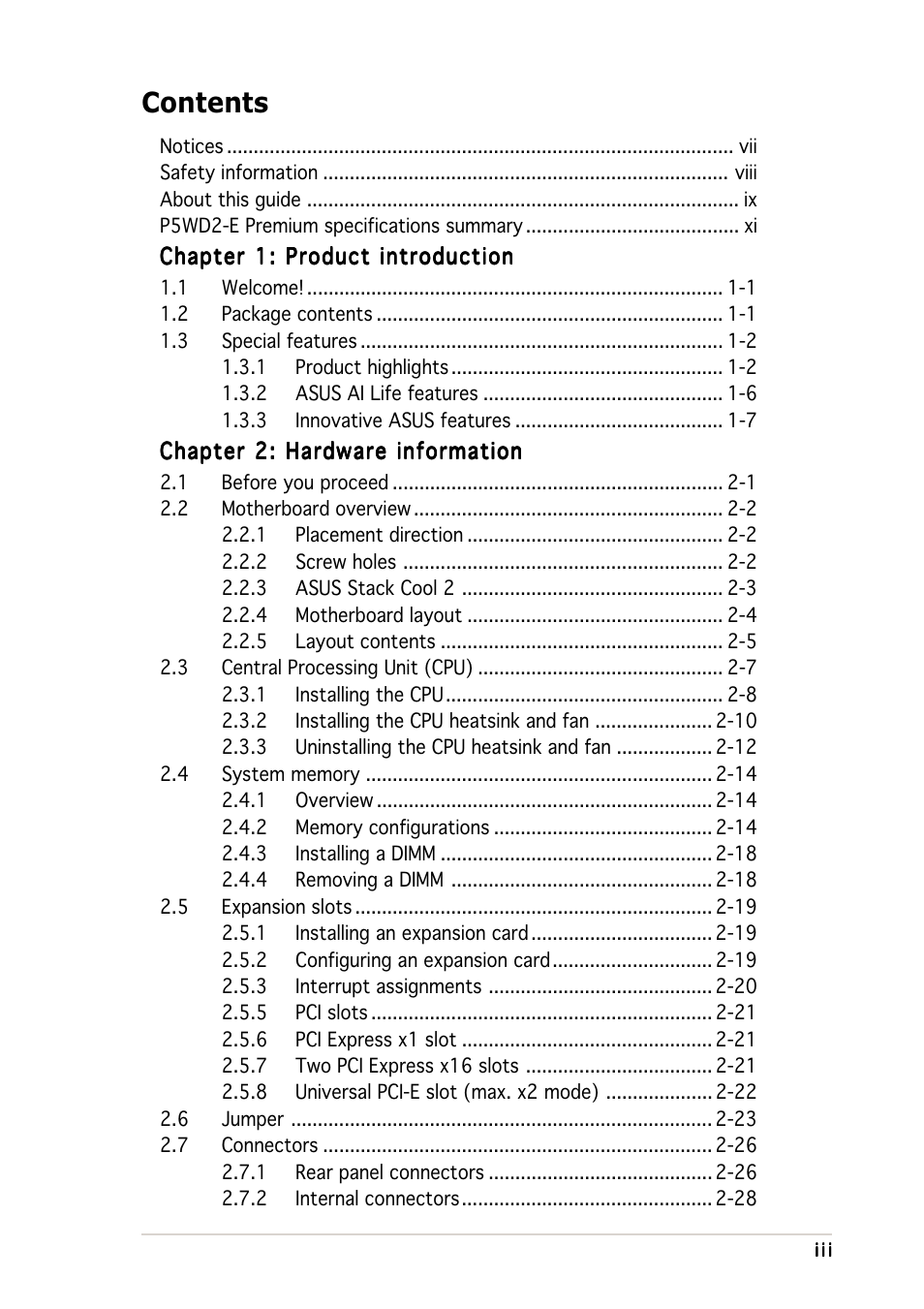 Asus P5WD2-E Premium User Manual | Page 3 / 174