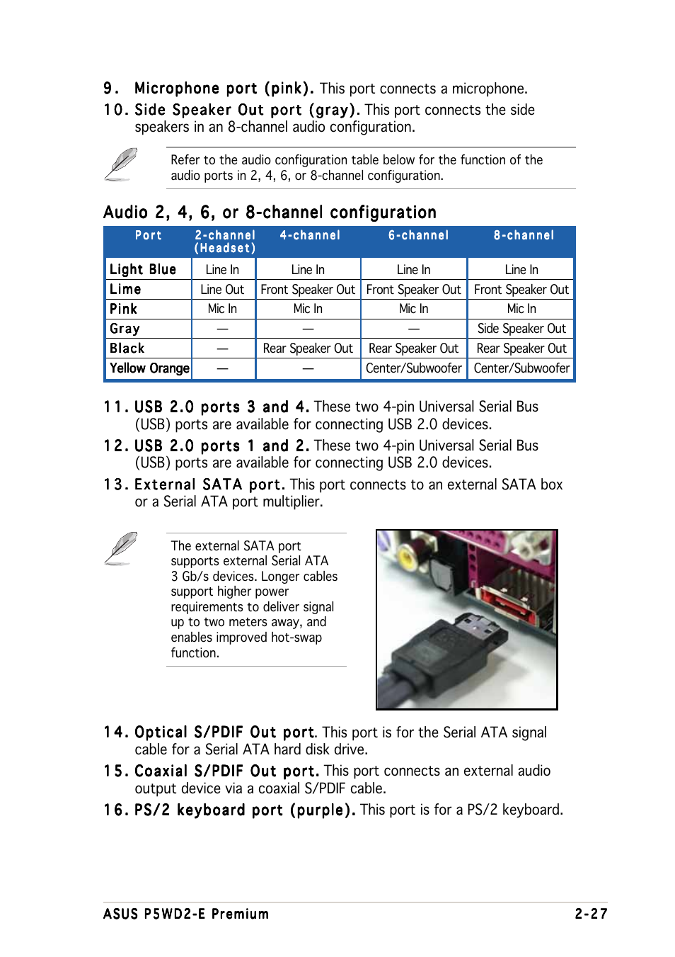 Audio 2, 4, 6, or 8-channel configuration | Asus P5WD2-E Premium User Manual | Page 55 / 174