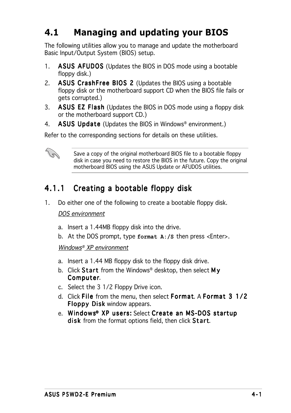 1 managing and updating your bios | Asus P5WD2-E Premium User Manual | Page 75 / 174