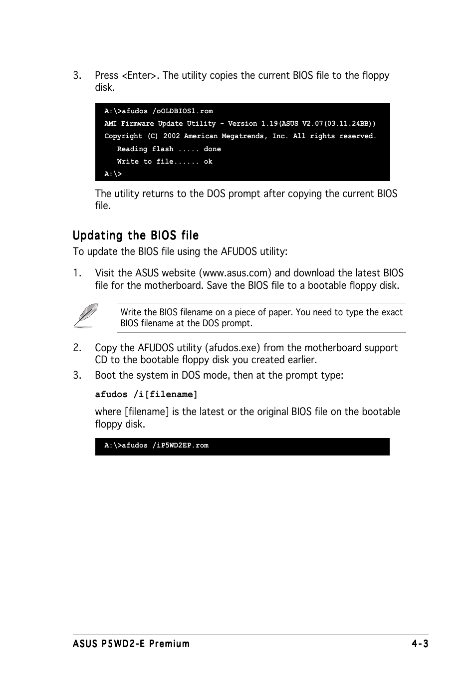 Updating the bios file | Asus P5WD2-E Premium User Manual | Page 77 / 174