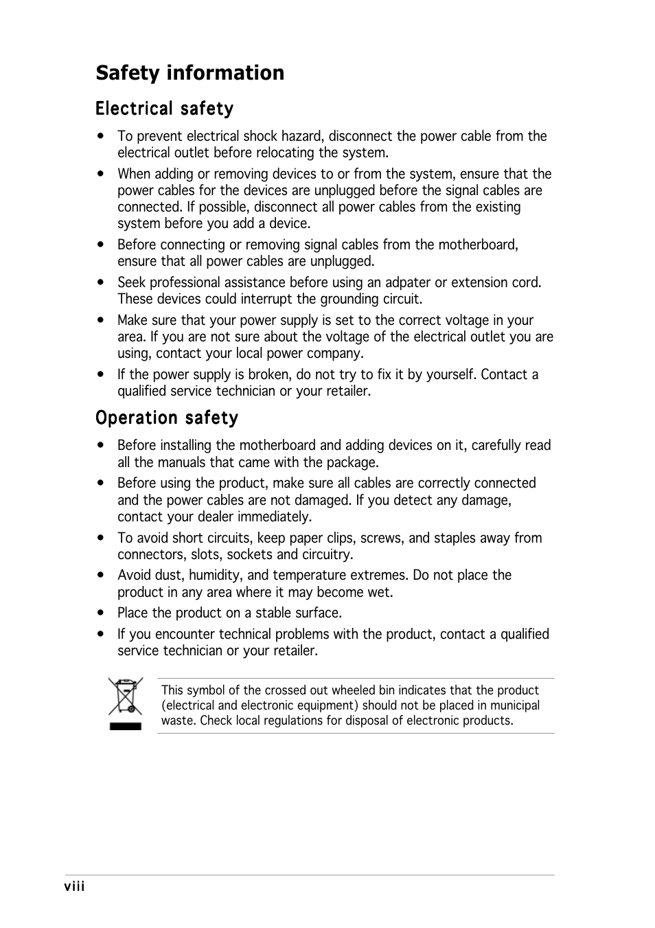 Safety information | Asus P5WD2-E Premium User Manual | Page 8 / 174
