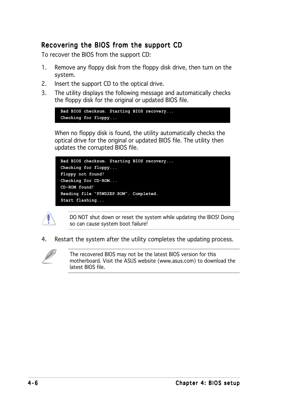 Recovering the bios from the support cd | Asus P5WD2-E Premium User Manual | Page 80 / 174