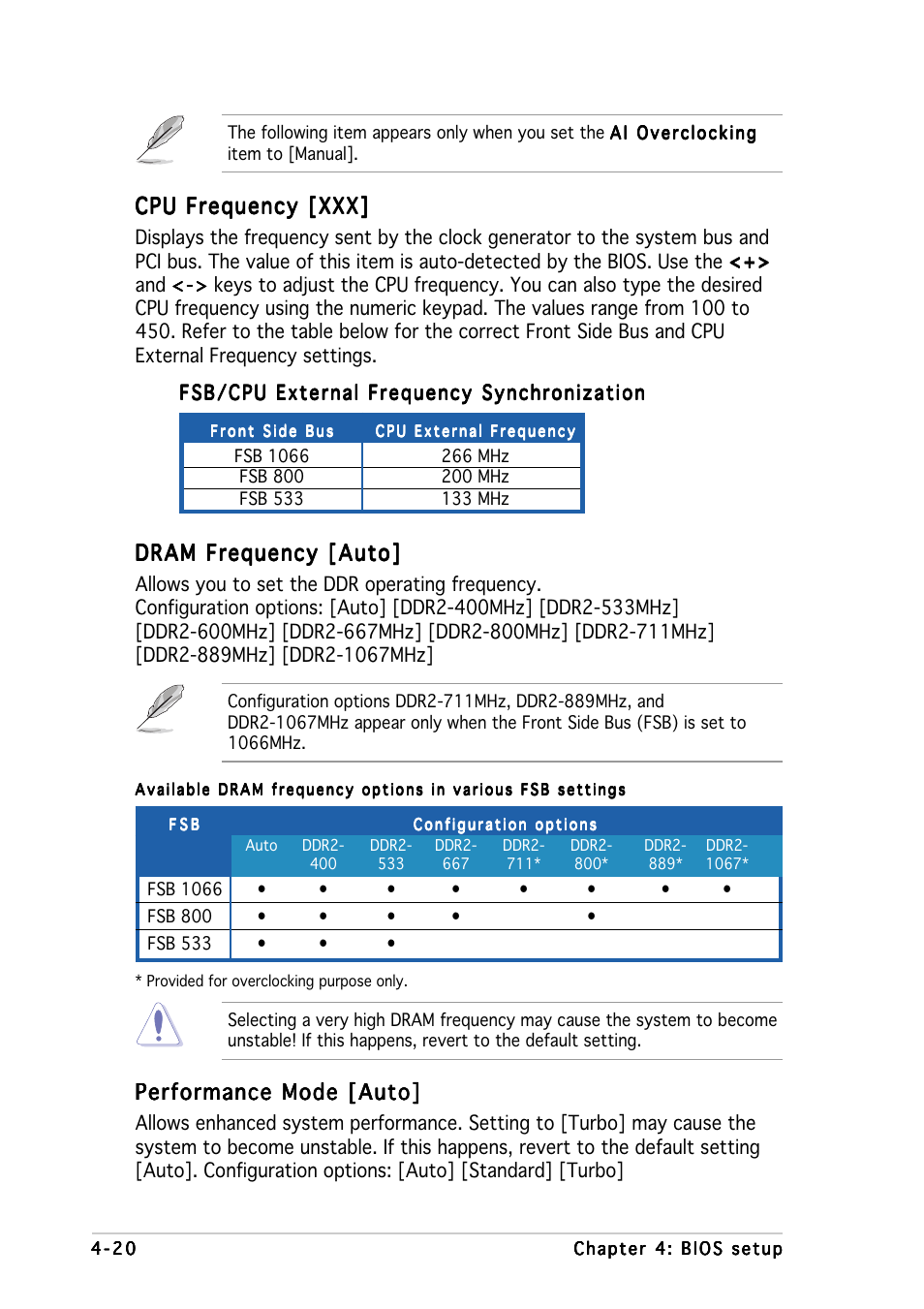 Cpu frequency [xxx, Dram frequency [auto, Performance mode [auto | Asus P5WD2-E Premium User Manual | Page 94 / 174