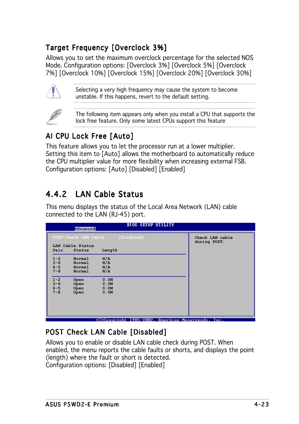 Post check lan cable [disabled, Target frequency [overclock 3, Ai cpu lock free [auto | Asus P5WD2-E Premium User Manual | Page 97 / 174