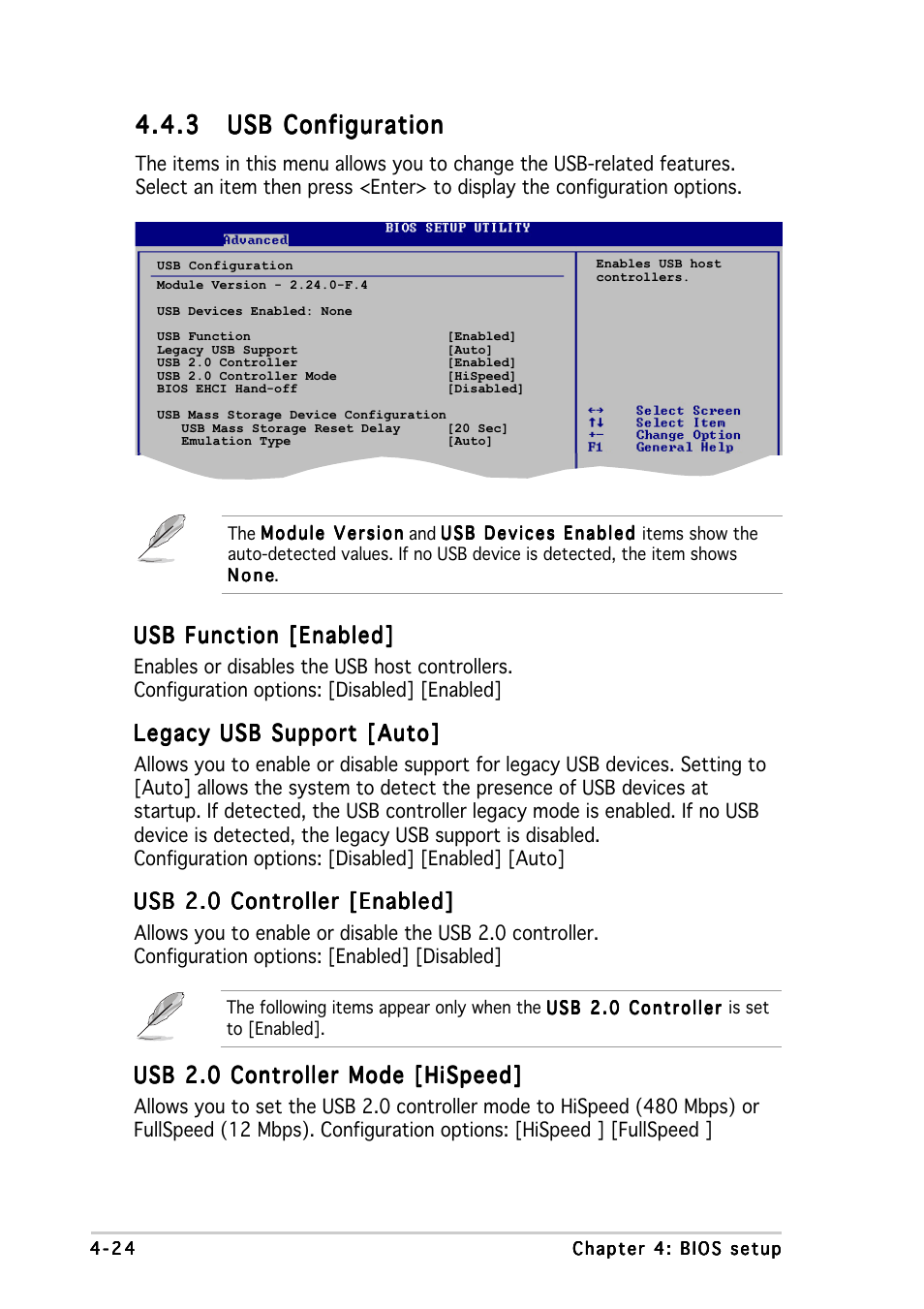 Usb function [enabled, Legacy usb support [auto, Usb 2.0 controller [enabled | Usb 2.0 controller mode [hispeed | Asus P5WD2-E Premium User Manual | Page 98 / 174