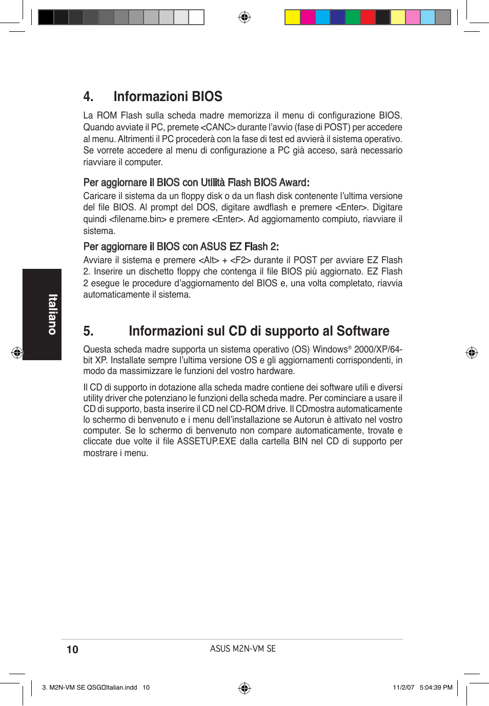 Informazioni sul cd di supporto al software, Informazioni bios | Asus M2N-VM SE User Manual | Page 10 / 38