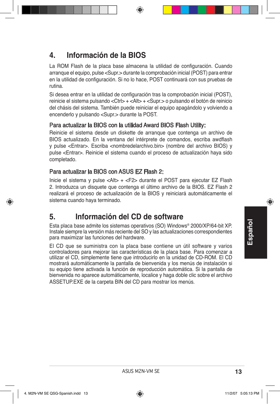 Información del cd de software, Información de la bios, Español | Asus M2N-VM SE User Manual | Page 13 / 38