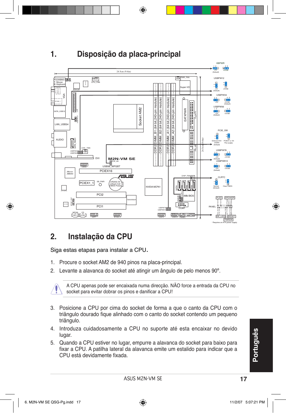 Disposição da placa-principal 2. instalação da cpu, Português, Siga estas etapas para instalar a cpu | Asus m2n-vm se, Socket am2 | Asus M2N-VM SE User Manual | Page 17 / 38