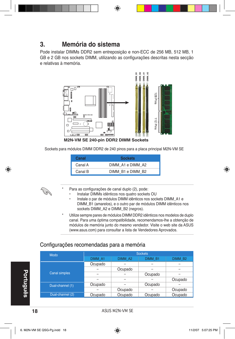 Memória do sistema, Português, Configurações recomendadas para a memória | Asus M2N-VM SE User Manual | Page 18 / 38