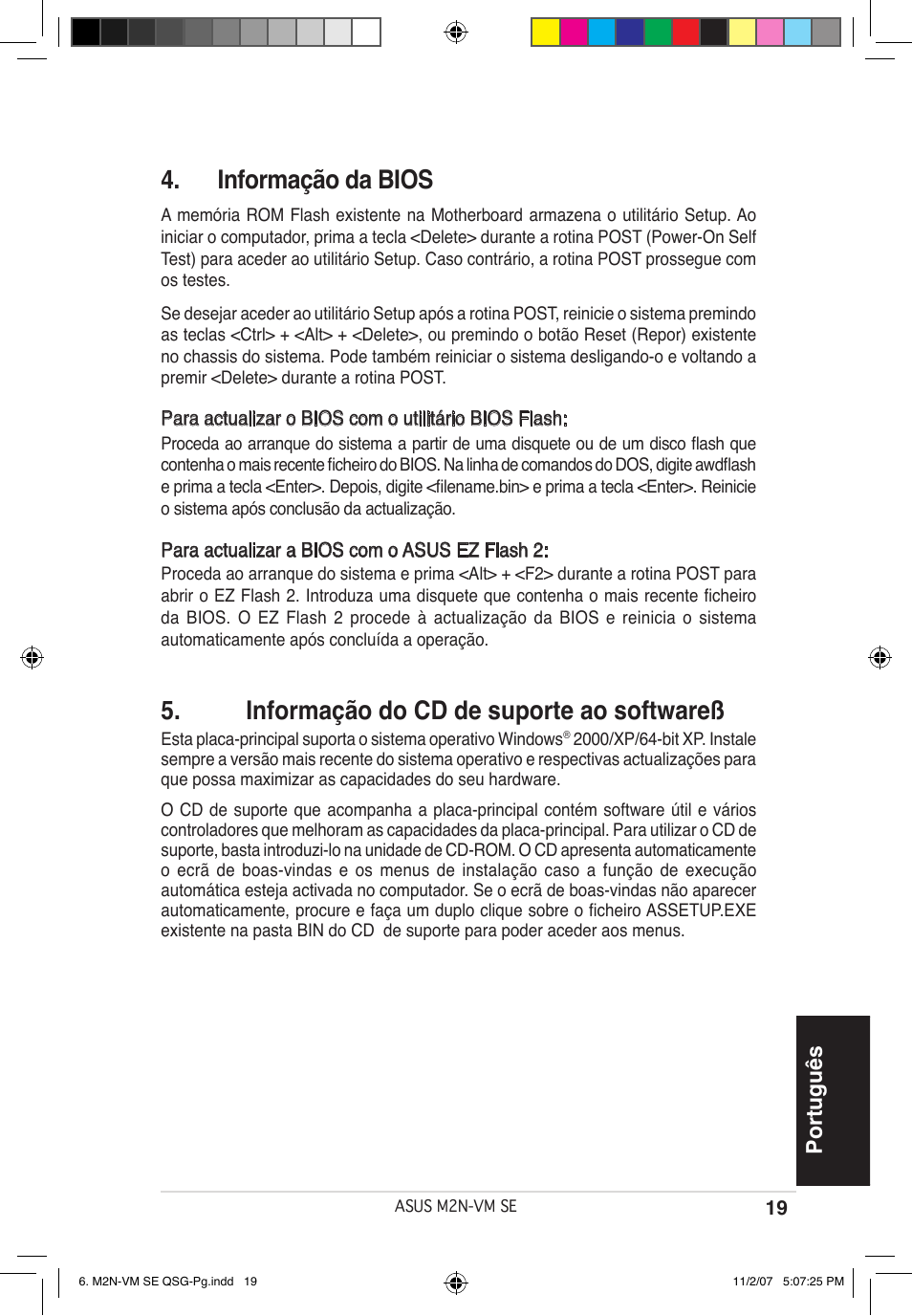 Informação da bios, Informação do cd de suporte ao softwareß, Português | Asus M2N-VM SE User Manual | Page 19 / 38