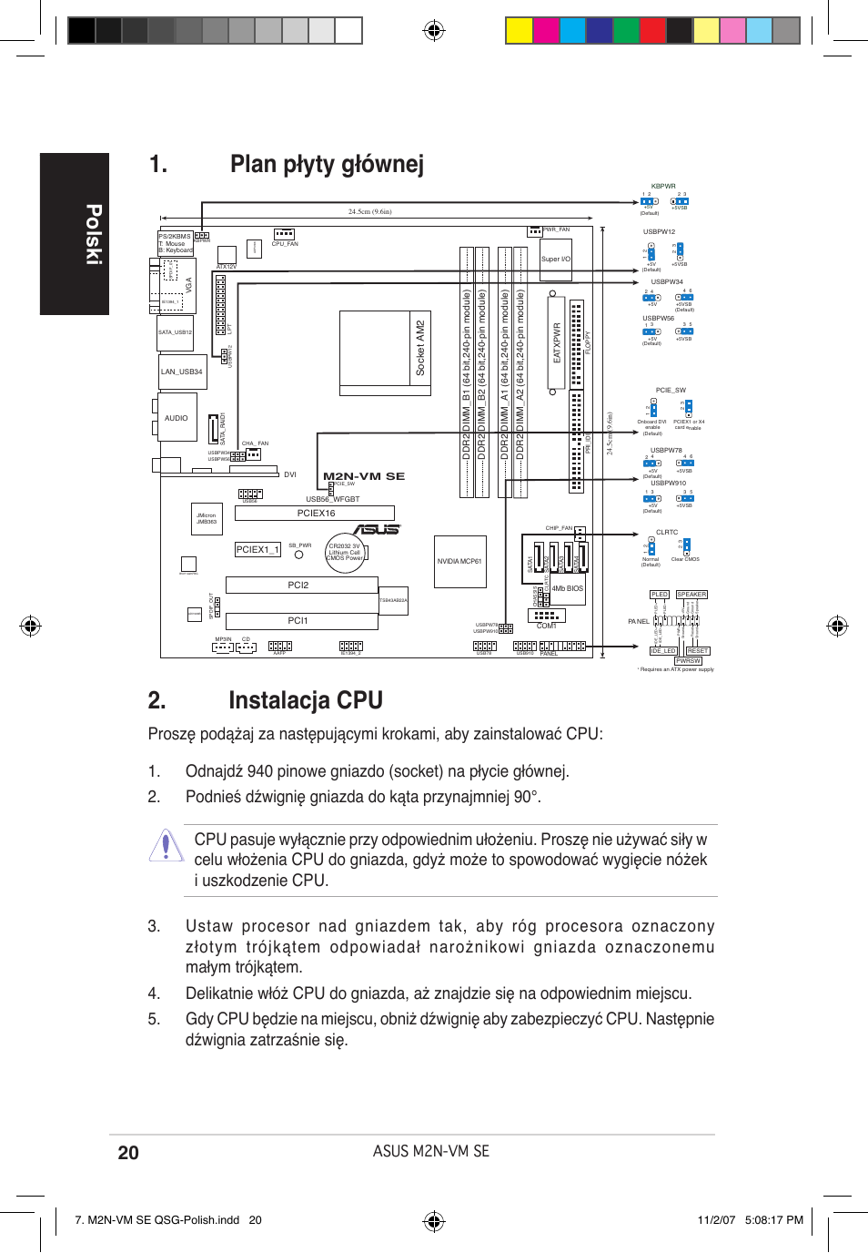 Instalacja cpu, Plan płyty głównej, Polski | Asus m2n-vm se, Socket am2 | Asus M2N-VM SE User Manual | Page 20 / 38