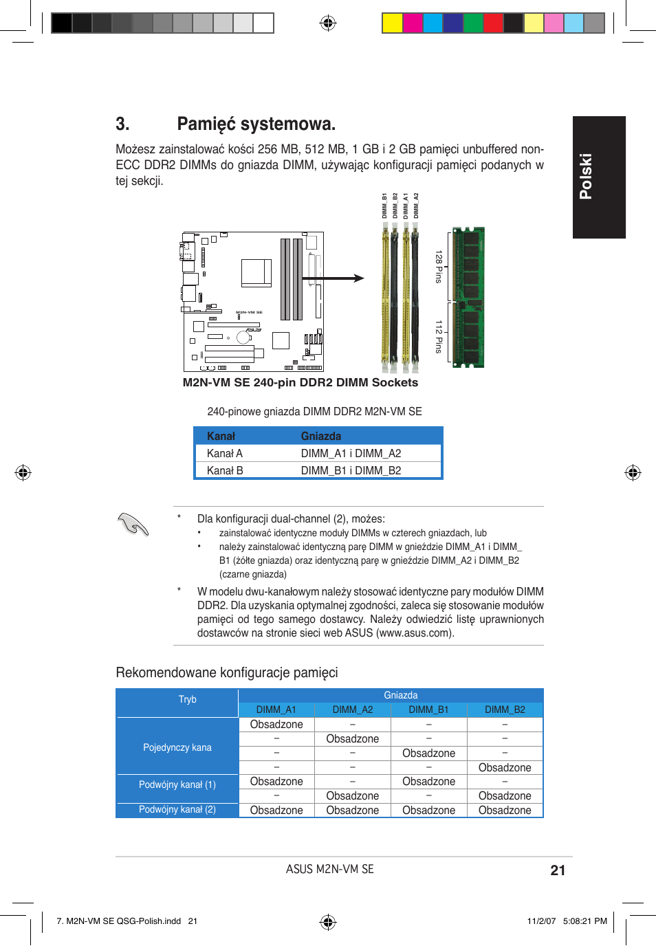 Pamięć systemowa, Polski, Rekomendowane konfiguracje pamięci | Asus M2N-VM SE User Manual | Page 21 / 38