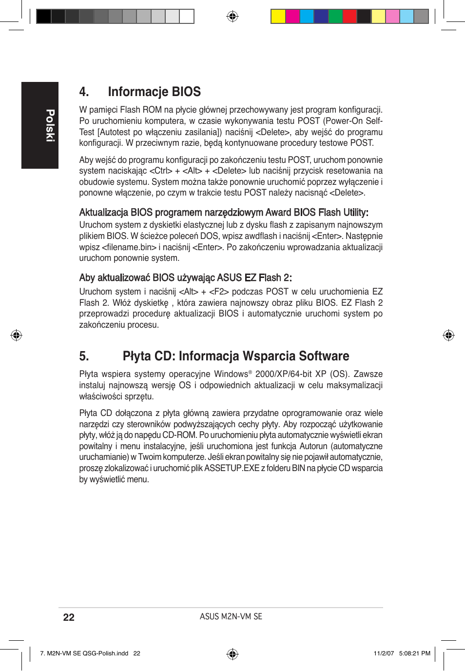 Informacje bios, Płyta cd: informacja wsparcia software, Polski | Asus M2N-VM SE User Manual | Page 22 / 38