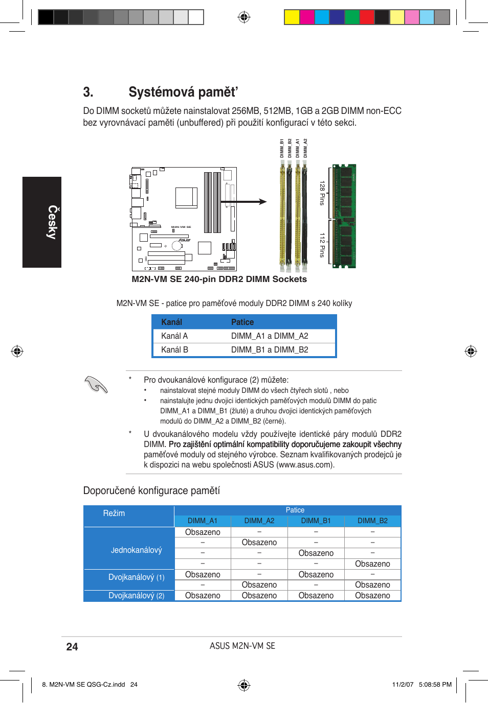 Systémová pamět, Česky, Doporučené konfigurace pamětí | Asus M2N-VM SE User Manual | Page 24 / 38