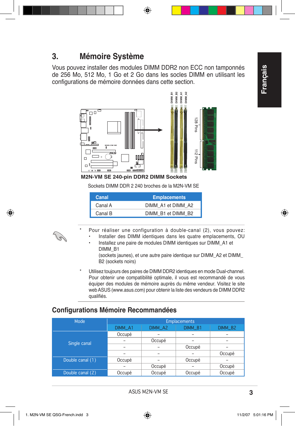 Mémoire système, Français, Configurations mémoire recommandées | Asus M2N-VM SE User Manual | Page 3 / 38