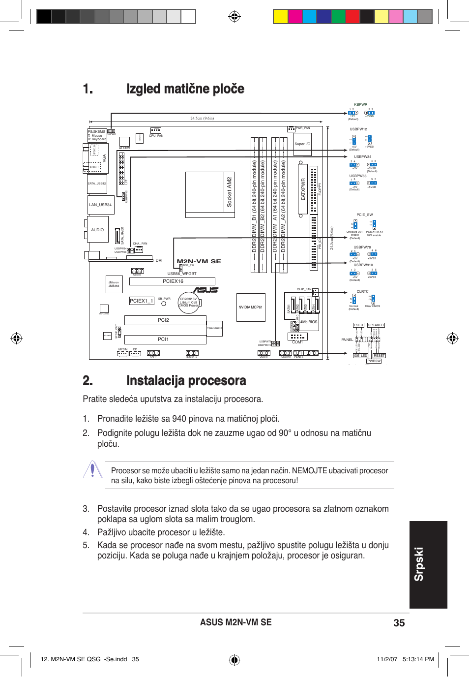 Izgled matične ploče 2. instalacija procesora, Srpski, Asus m2n-vm se | Socket am2 | Asus M2N-VM SE User Manual | Page 35 / 38