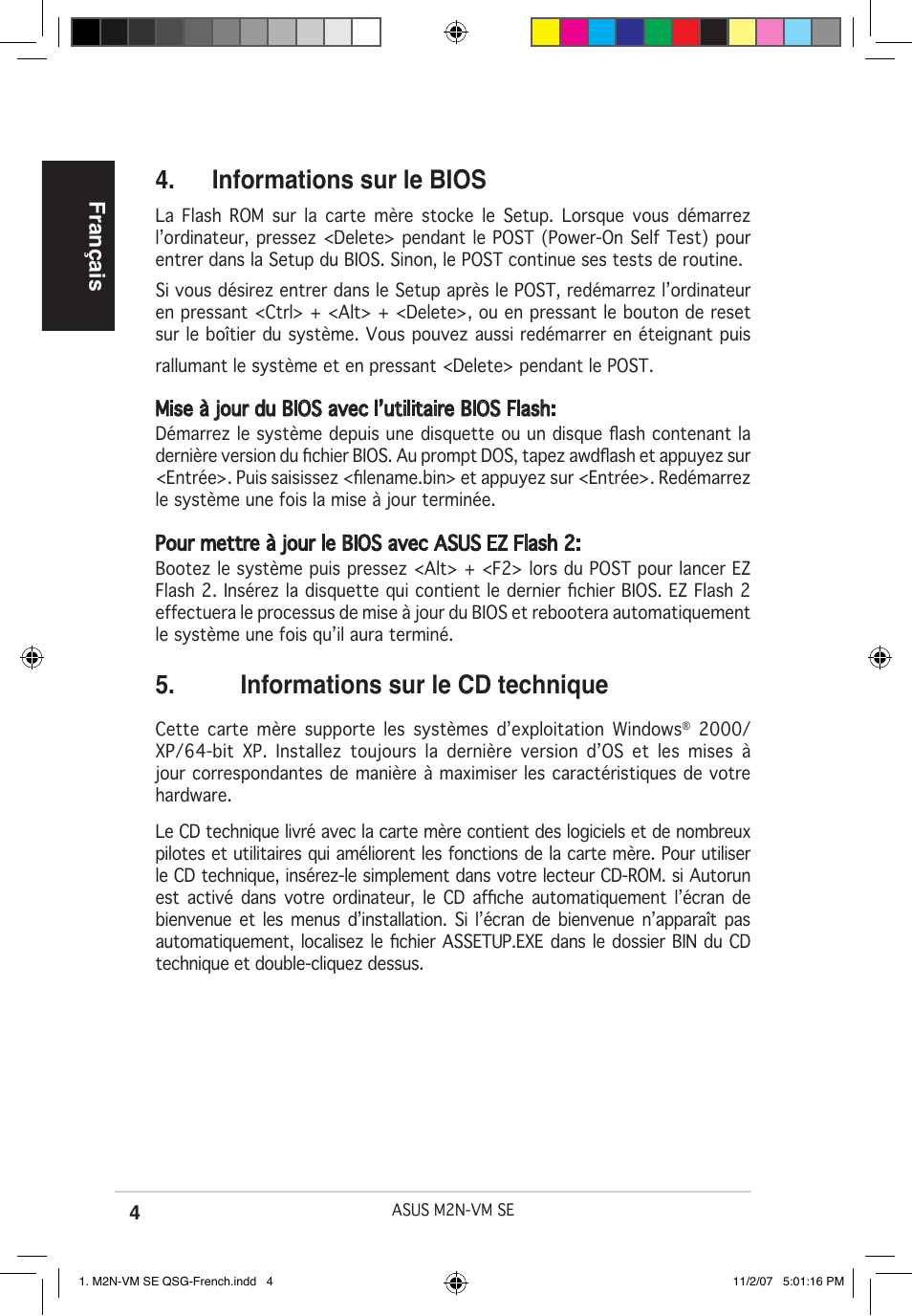 Informations sur le cd technique, Informations sur le bios, Français | Asus M2N-VM SE User Manual | Page 4 / 38