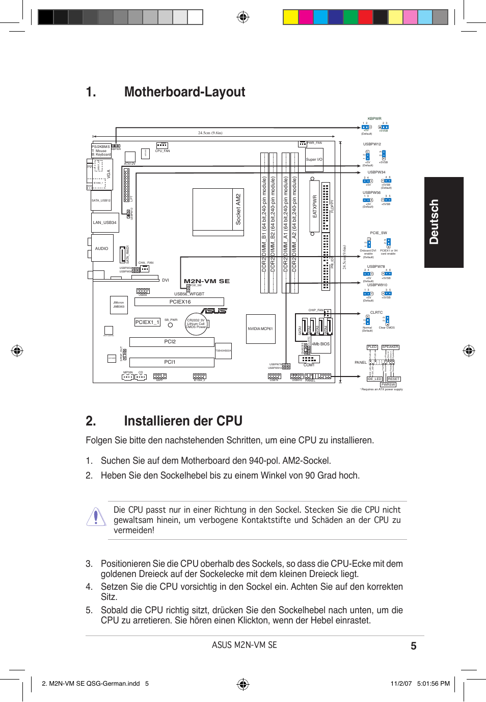 Motherboard-layout 2. installieren der cpu, Deutsch, Asus m2n-vm se | Socket am2 | Asus M2N-VM SE User Manual | Page 5 / 38