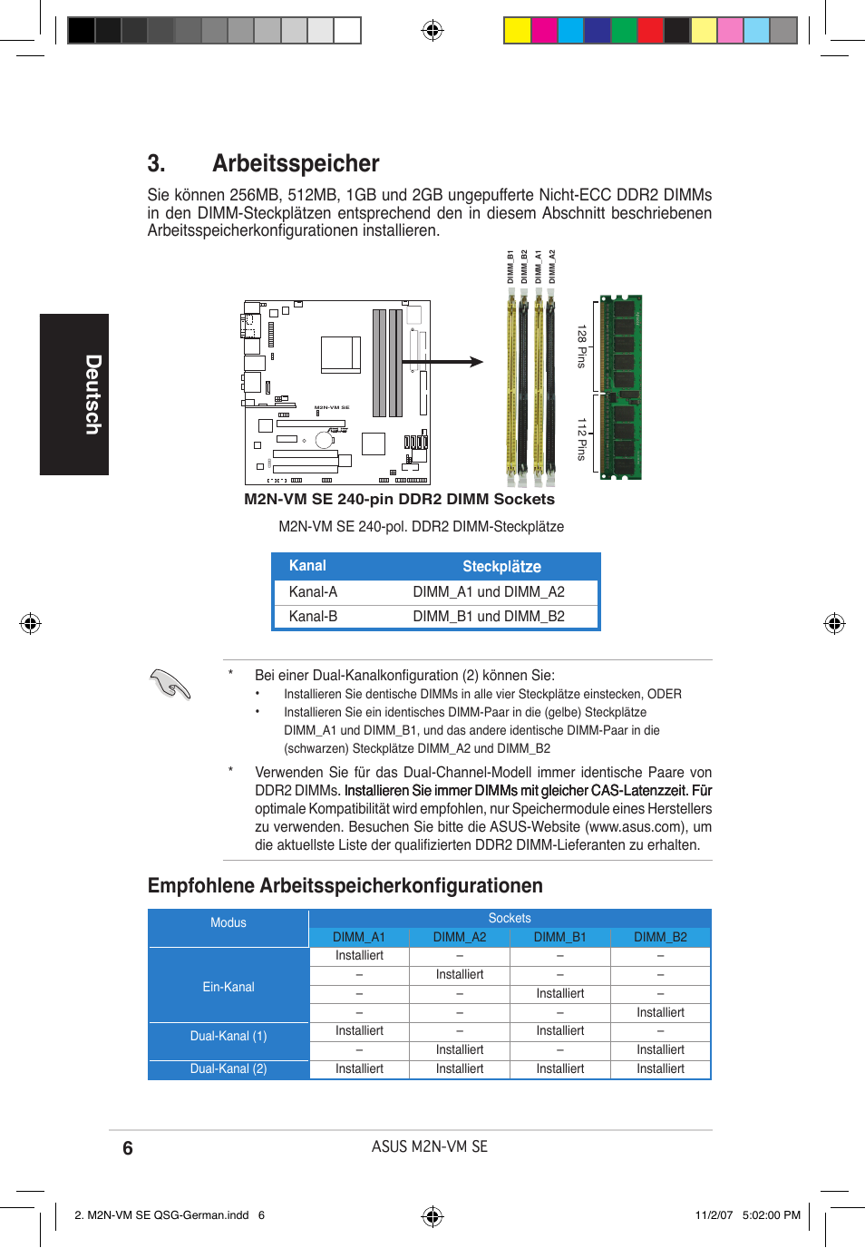 Arbeitsspeicher, Deutsch, Empfohlene arbeitsspeicherkonfigurationen | Asus M2N-VM SE User Manual | Page 6 / 38