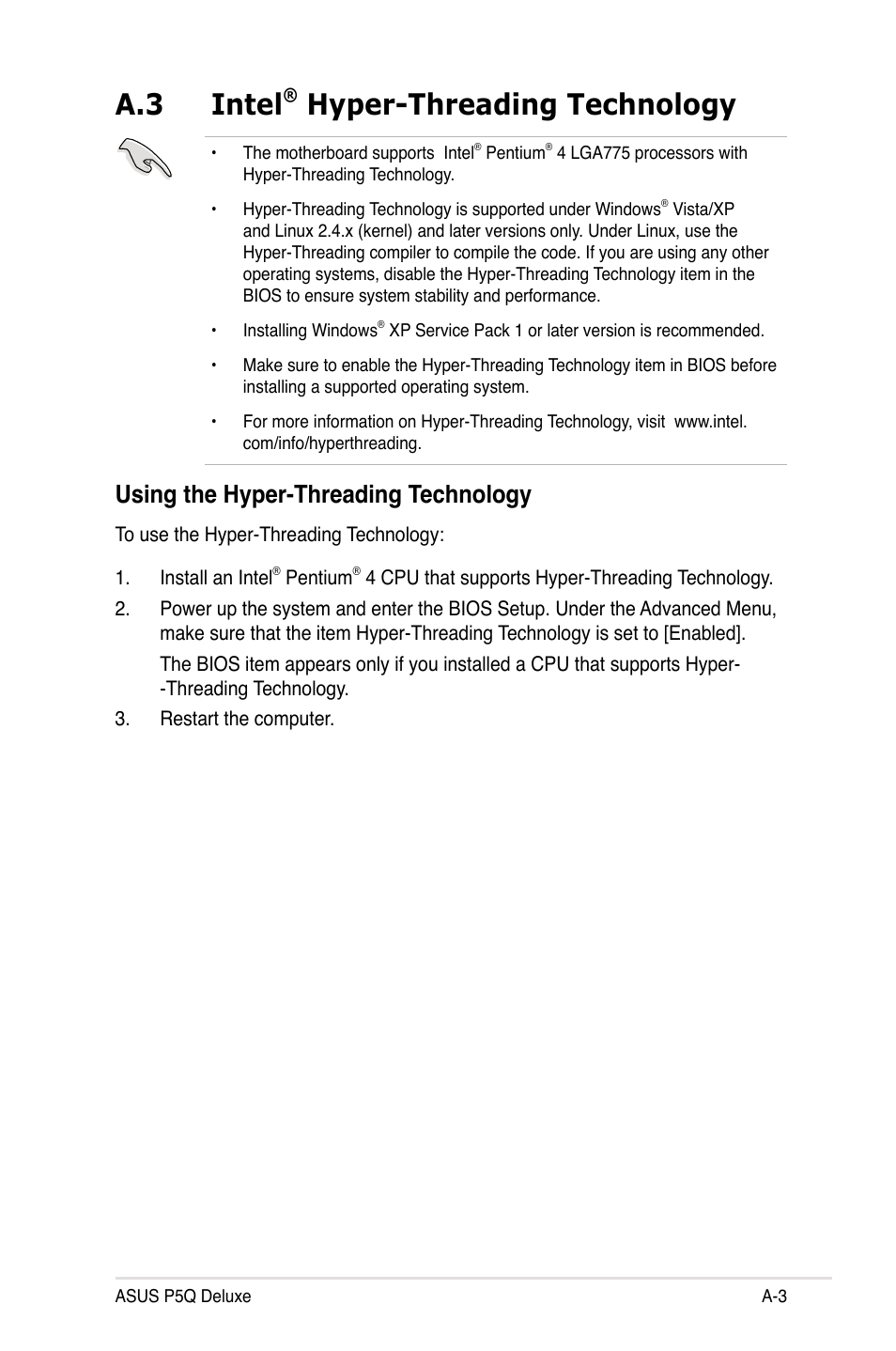 A.3 intel® hyper-threading technology, Using the hyper-threading technology, Intel | A.3 intel, Hyper-threading technology | Asus P5Q Deluxe User Manual | Page 185 / 186