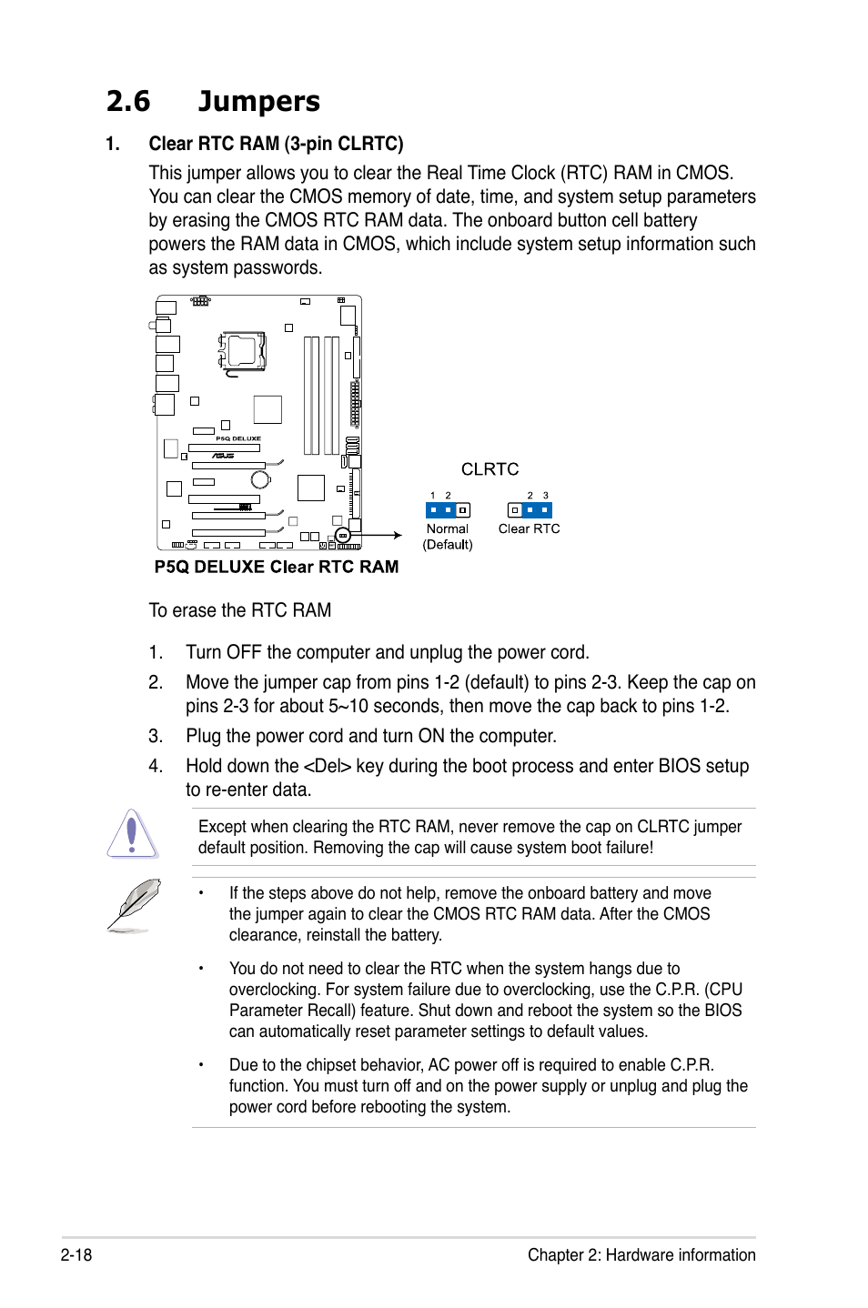 6 jumpers, Jumpers -18 | Asus P5Q Deluxe User Manual | Page 44 / 186