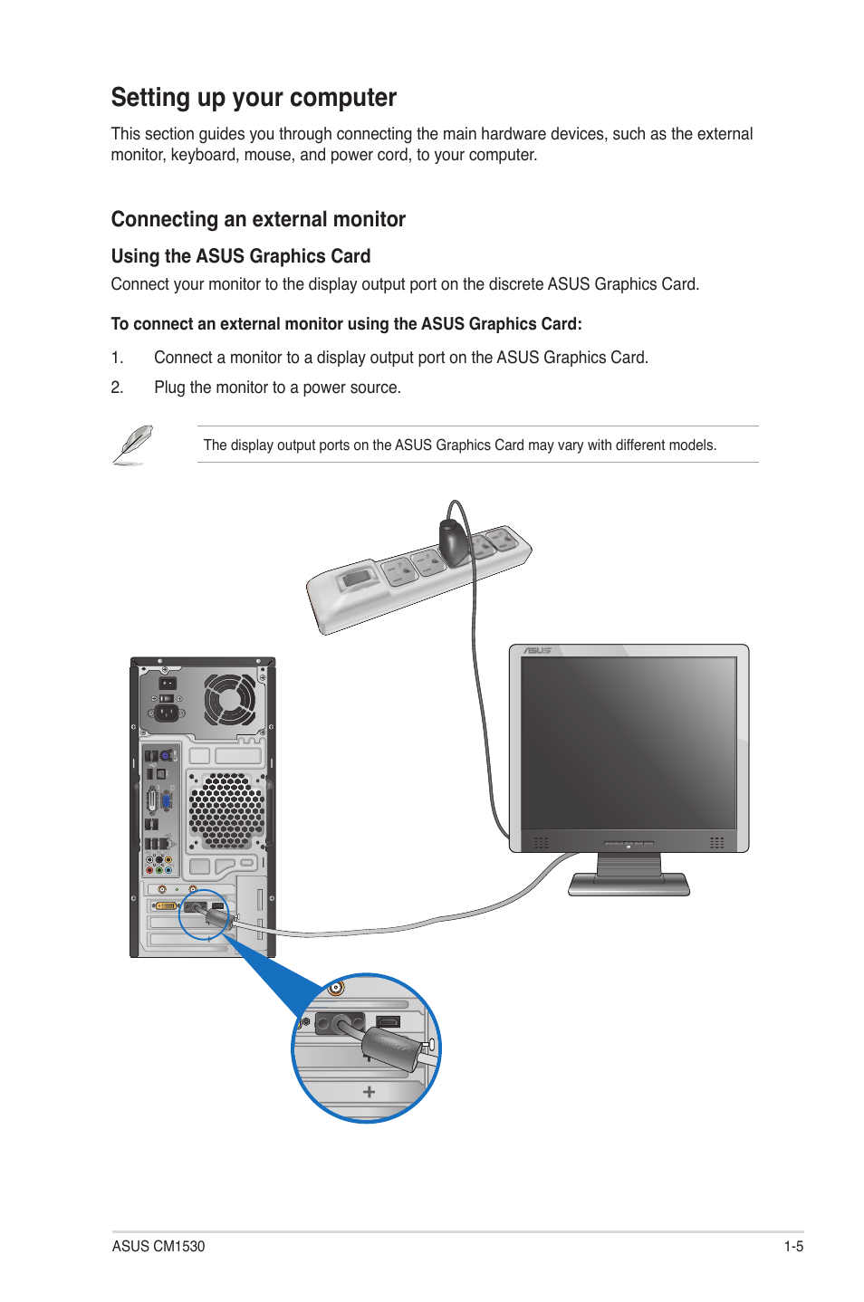 Setting up your computer, Connecting an external monitor | Asus CM1530 User Manual | Page 14 / 67