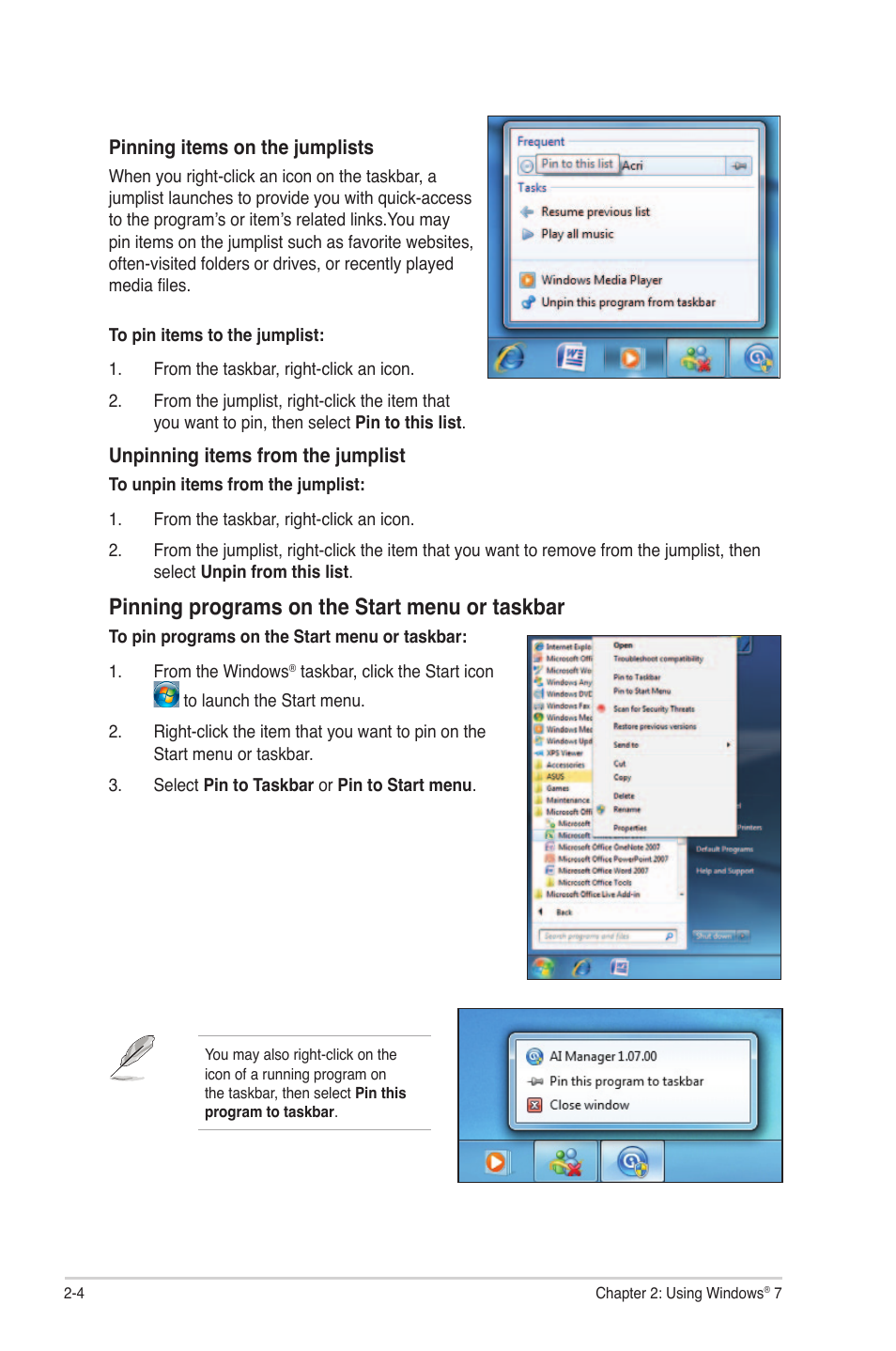 Pinning programs on the start menu or taskbar | Asus CM1530 User Manual | Page 20 / 67