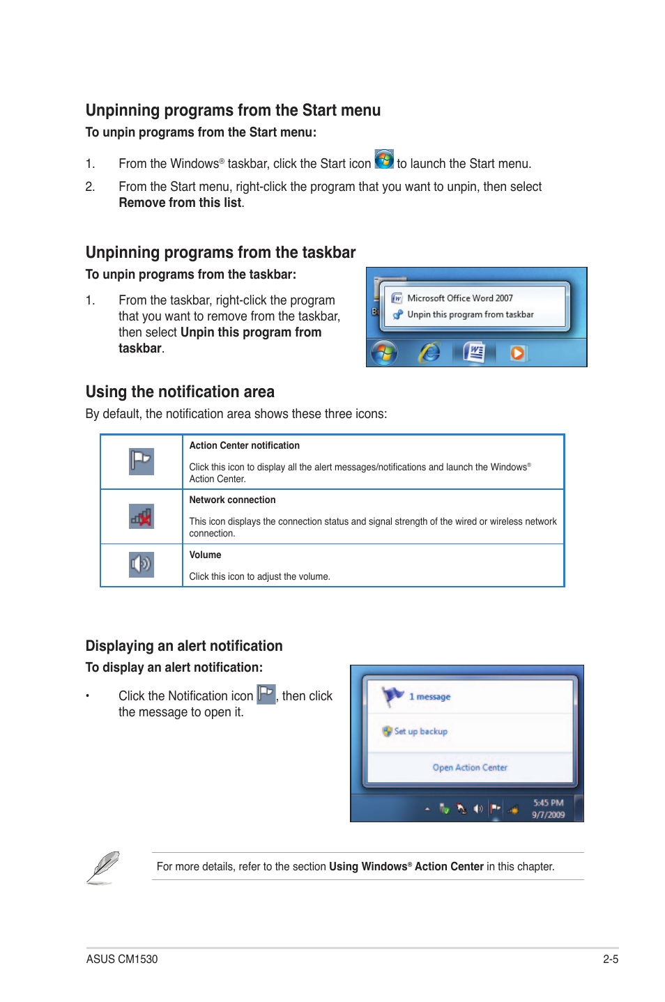 Unpinning programs from the start menu, Unpinning programs from the taskbar, Using the notification area | Asus CM1530 User Manual | Page 21 / 67