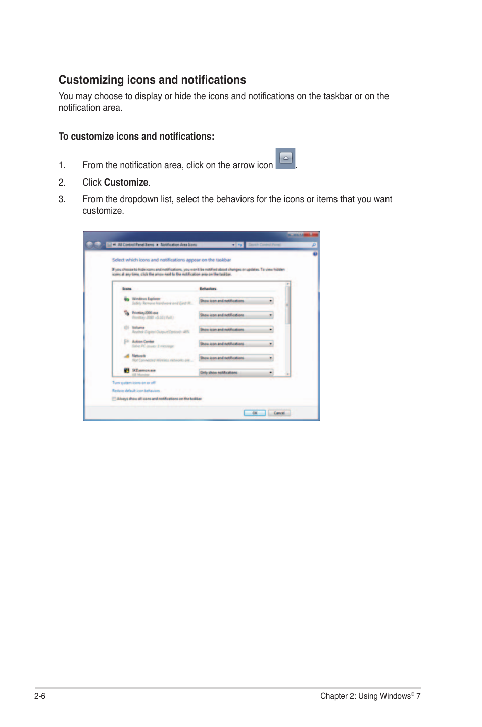 Customizing icons and notifications | Asus CM1530 User Manual | Page 22 / 67