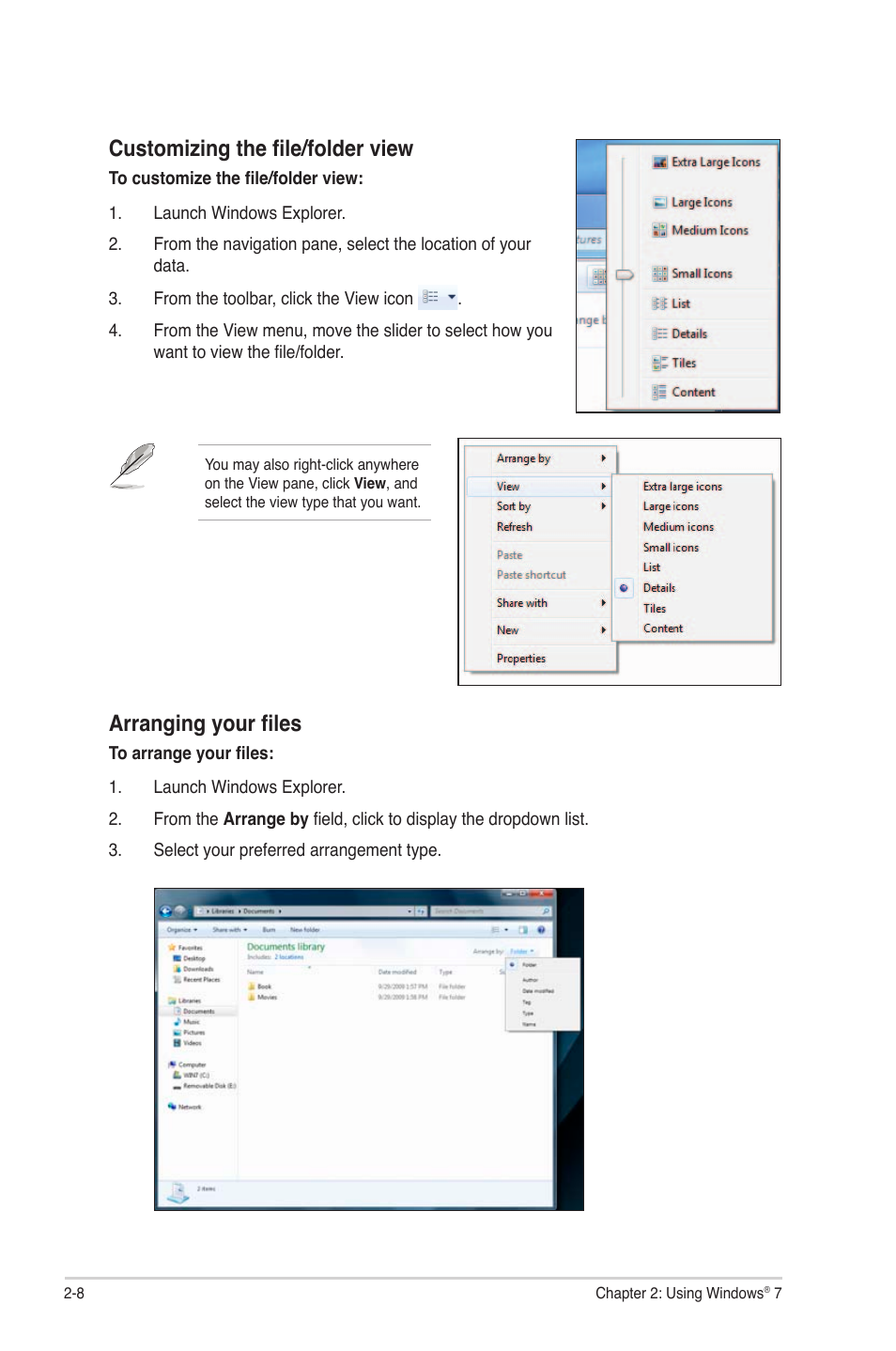 Customizing the file/folder view, Arranging your files | Asus CM1530 User Manual | Page 24 / 67