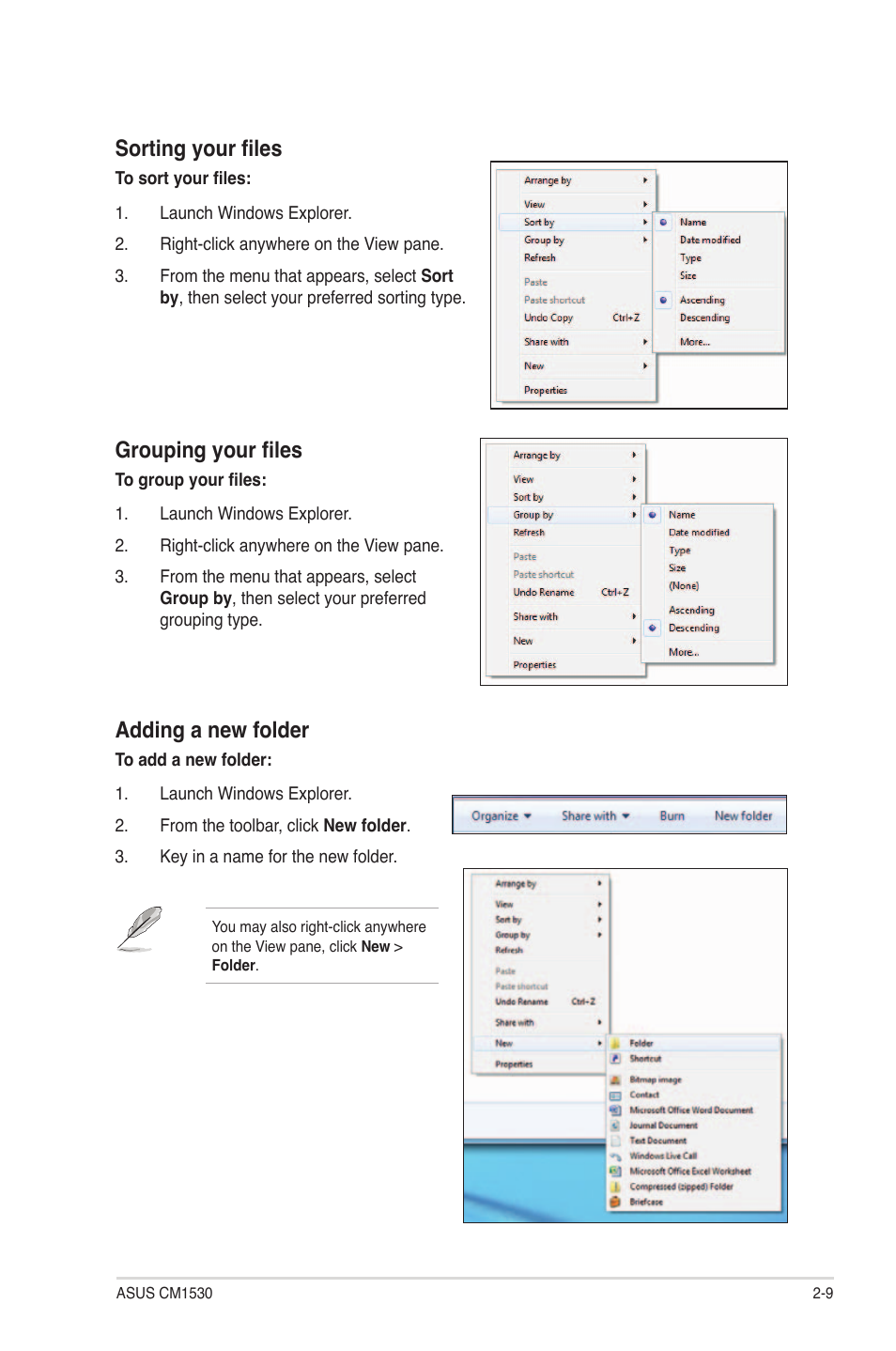 Sorting your files, Grouping your files, Adding a new folder | Asus CM1530 User Manual | Page 25 / 67