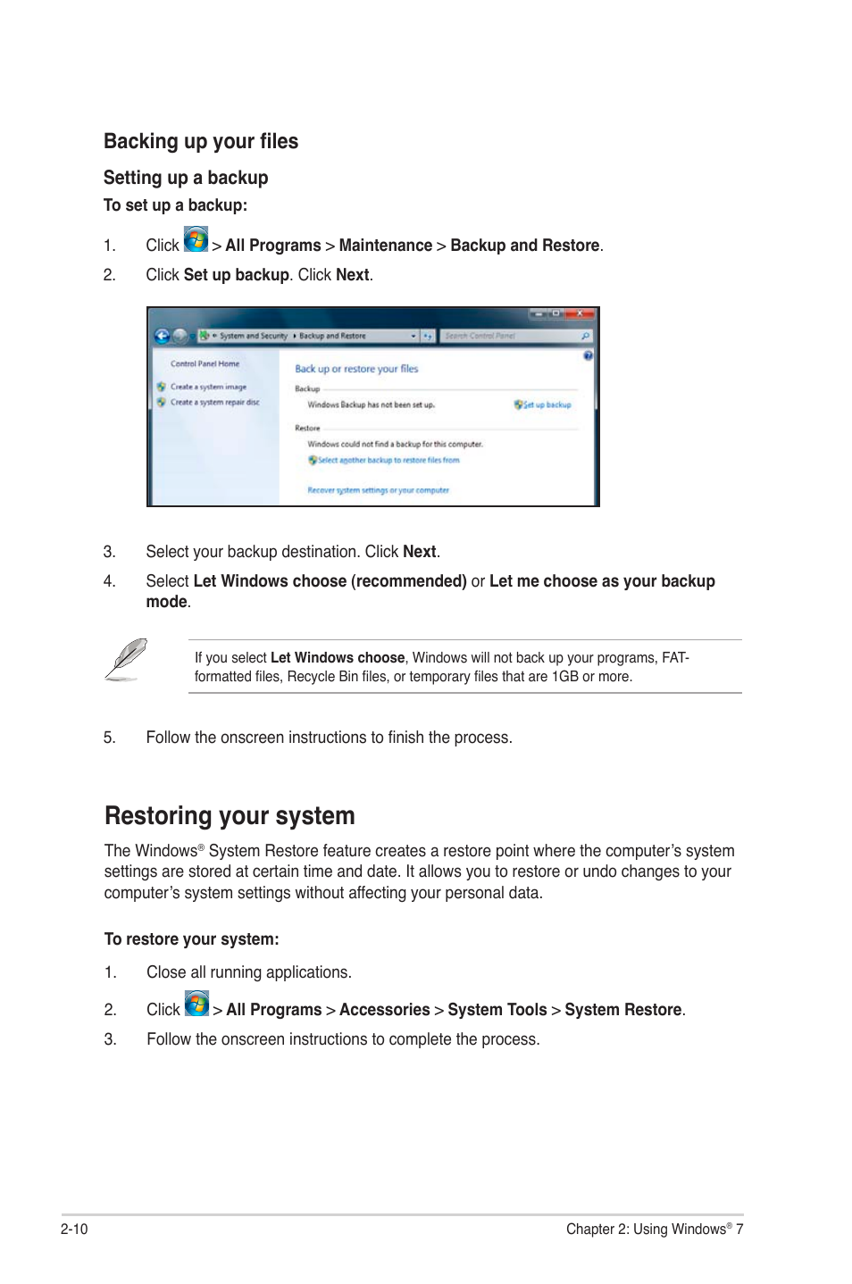 Restoring your system, Backing up your files | Asus CM1530 User Manual | Page 26 / 67