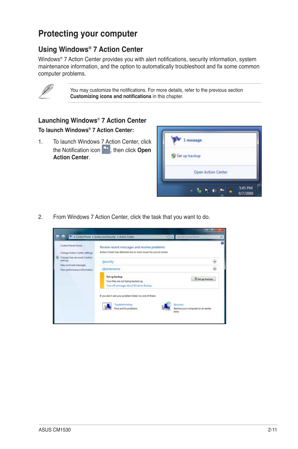 Protecting your computer, Using windows, 7 action center | Asus CM1530 User Manual | Page 27 / 67