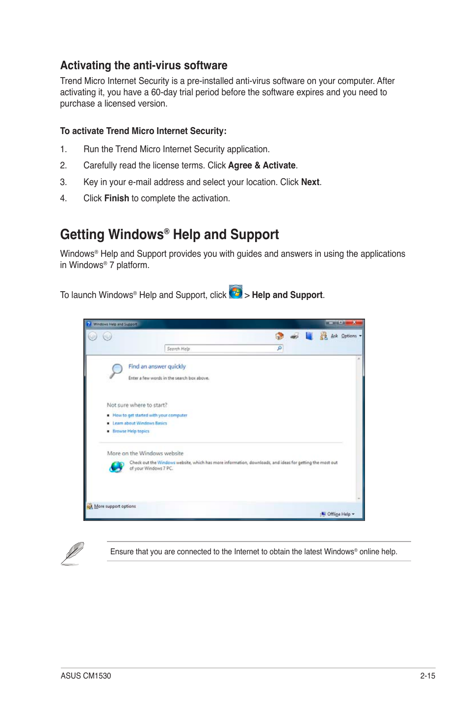 Getting windows® help and support, Getting windows, Help and support | Activating the anti-virus software | Asus CM1530 User Manual | Page 31 / 67