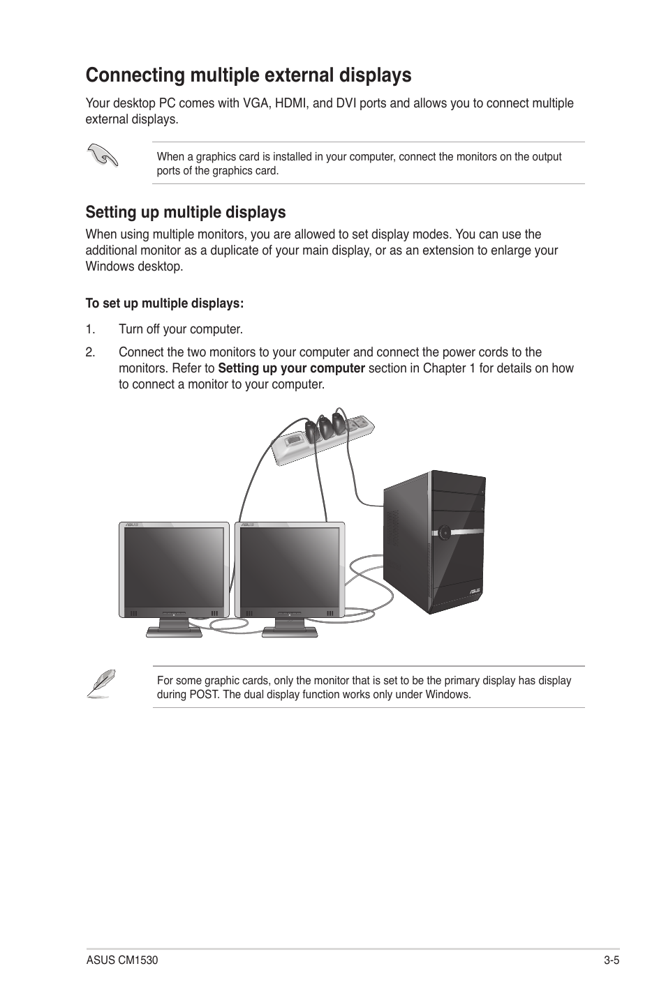 Connecting multiple external displays, Setting up multiple displays | Asus CM1530 User Manual | Page 36 / 67