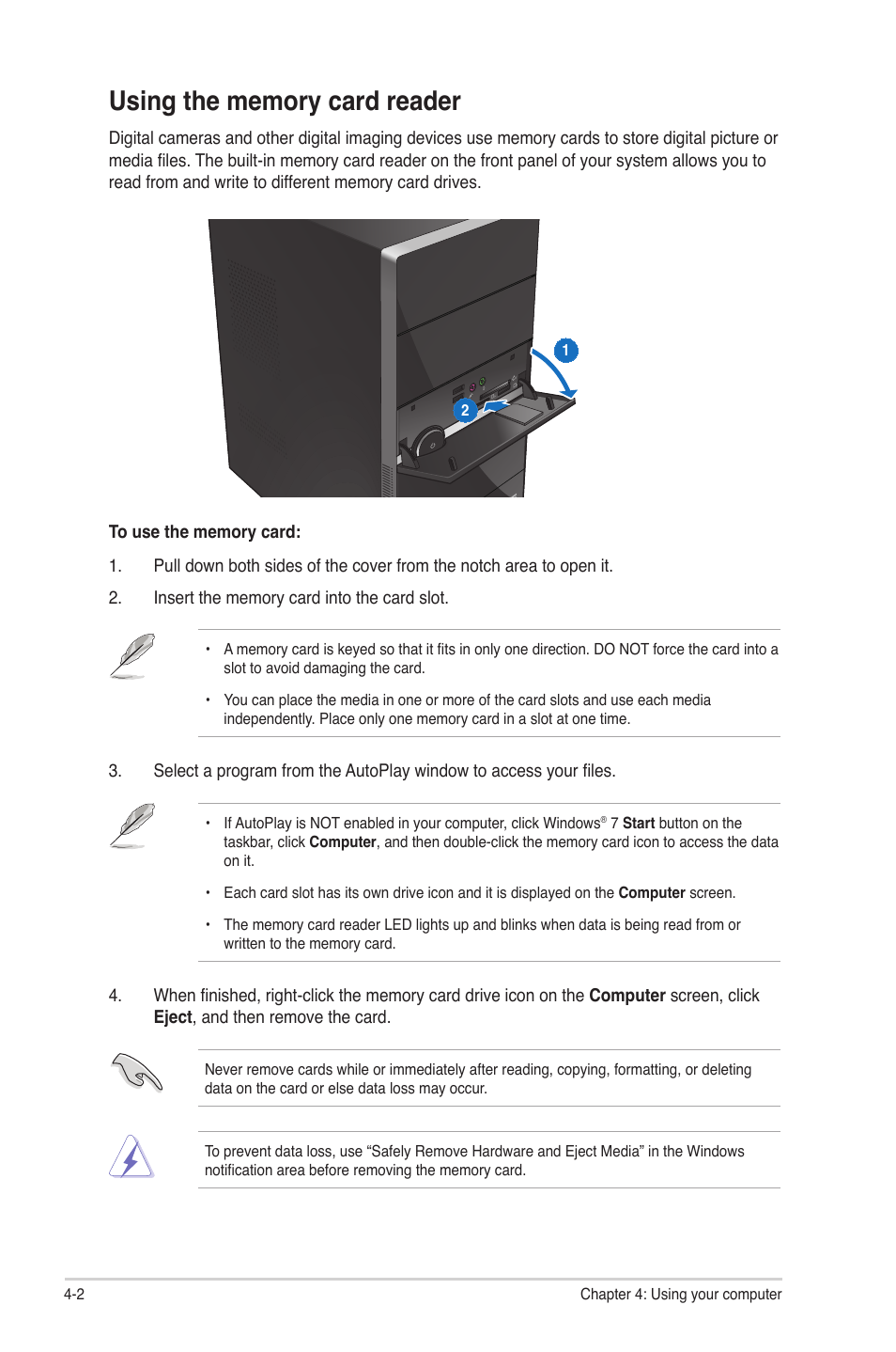 Using the memory card reader | Asus CM1530 User Manual | Page 40 / 67