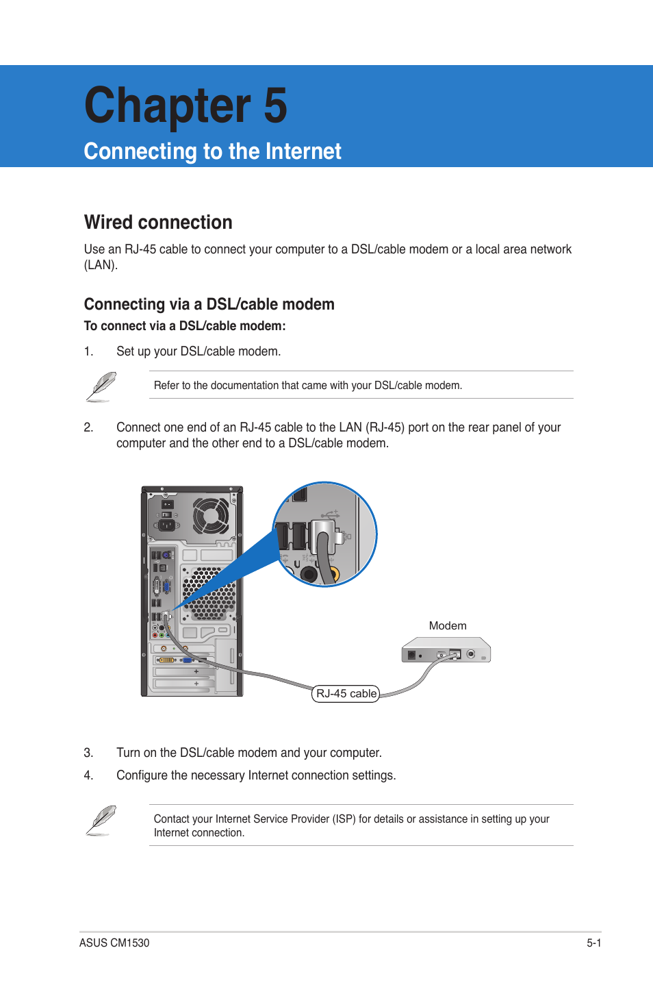 Chapter 5: connecting to the internet, Wired connection, Chapter 5 | Connecting to the internet | Asus CM1530 User Manual | Page 45 / 67