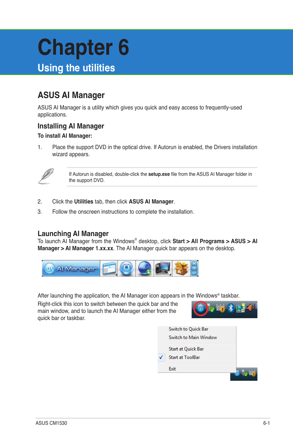 Chapter 6: using the utilities, Asus ai manager, Chapter 6 | Using the utilities | Asus CM1530 User Manual | Page 50 / 67