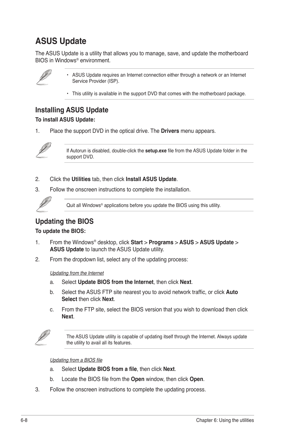 Asus update, Installing asus update, Updating the bios | Asus CM1530 User Manual | Page 57 / 67